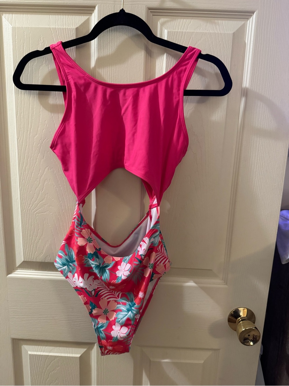 SHEIN Hot Pink Tropical Floral Kids One-Piece Swimsuit